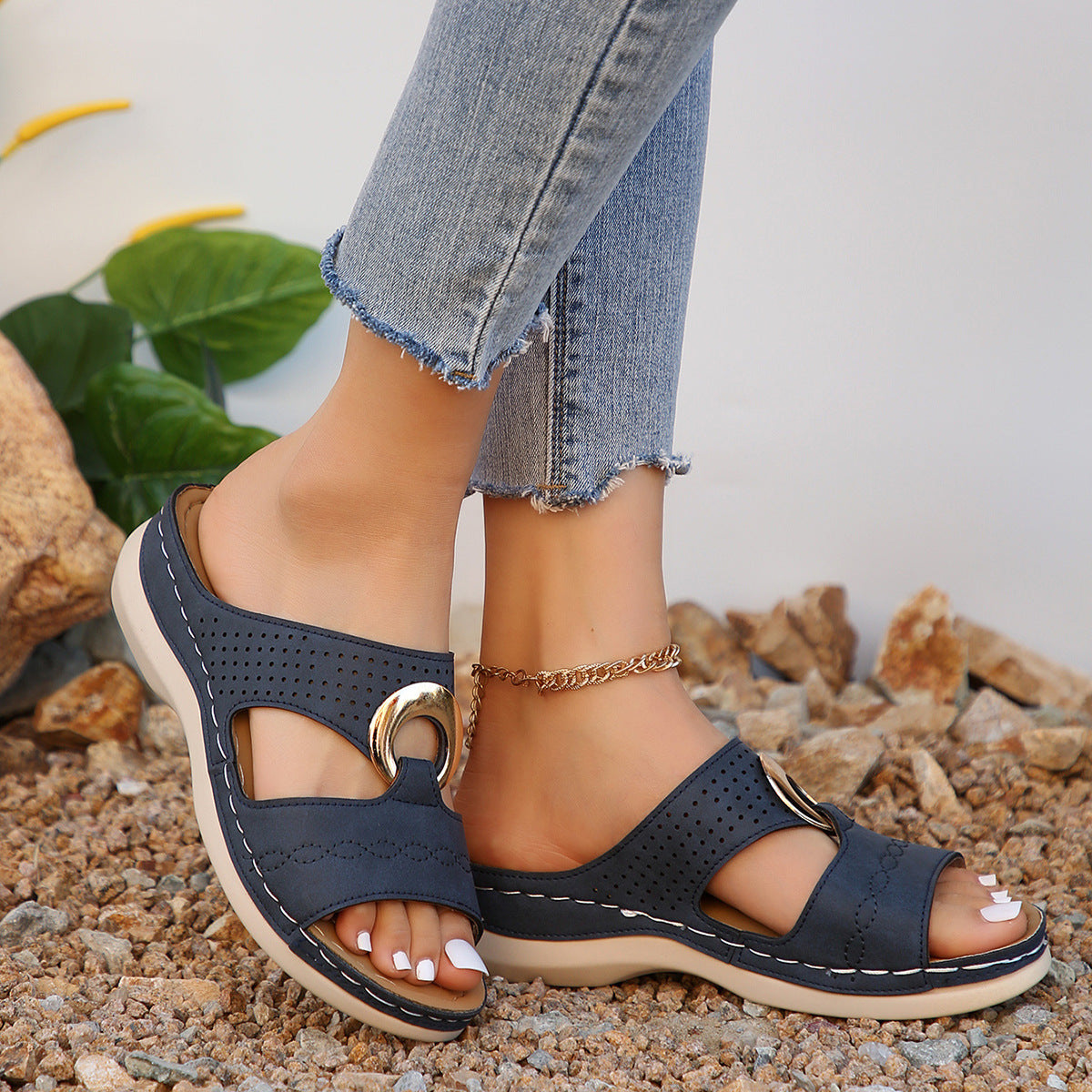 Chunky soled perforated slippers